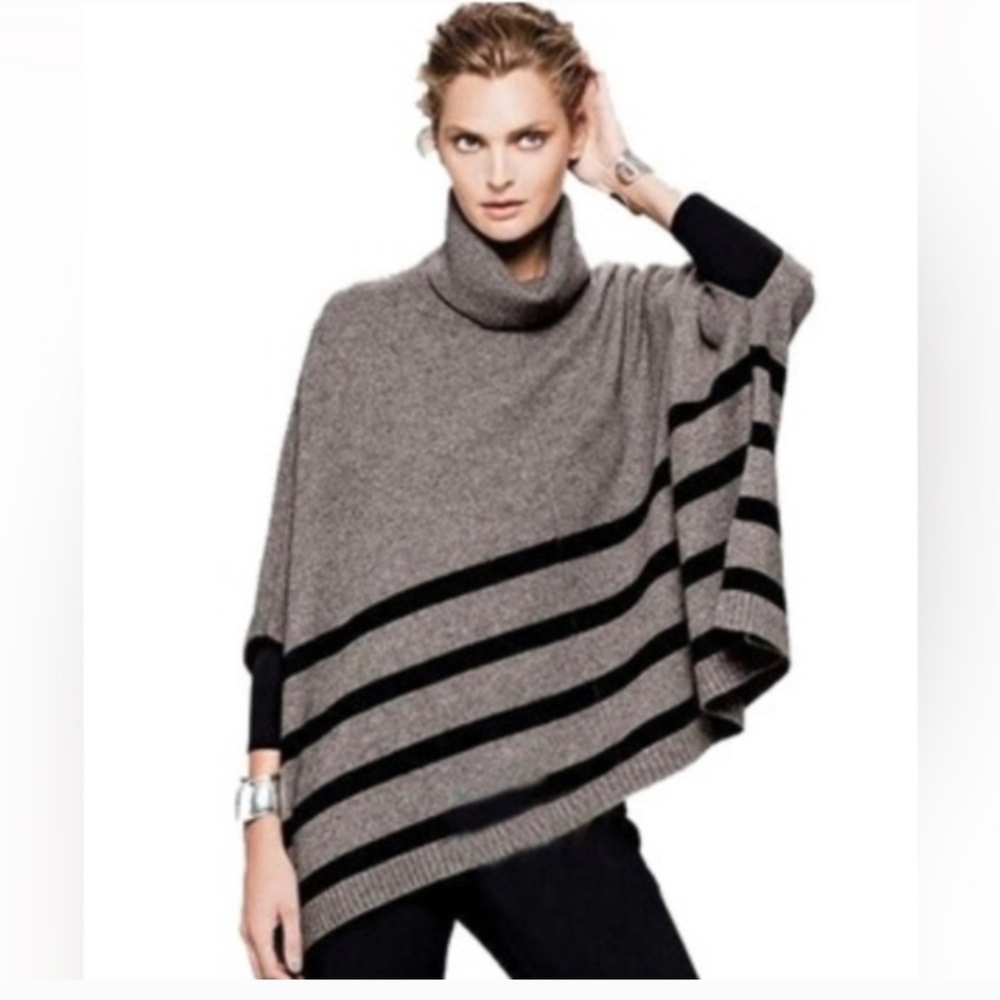 Tahari Gray and Black Striped Poncho Sweater